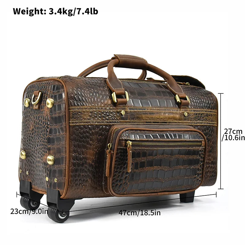 Brown leather duffle bag rolling, ideal for travel and luggage