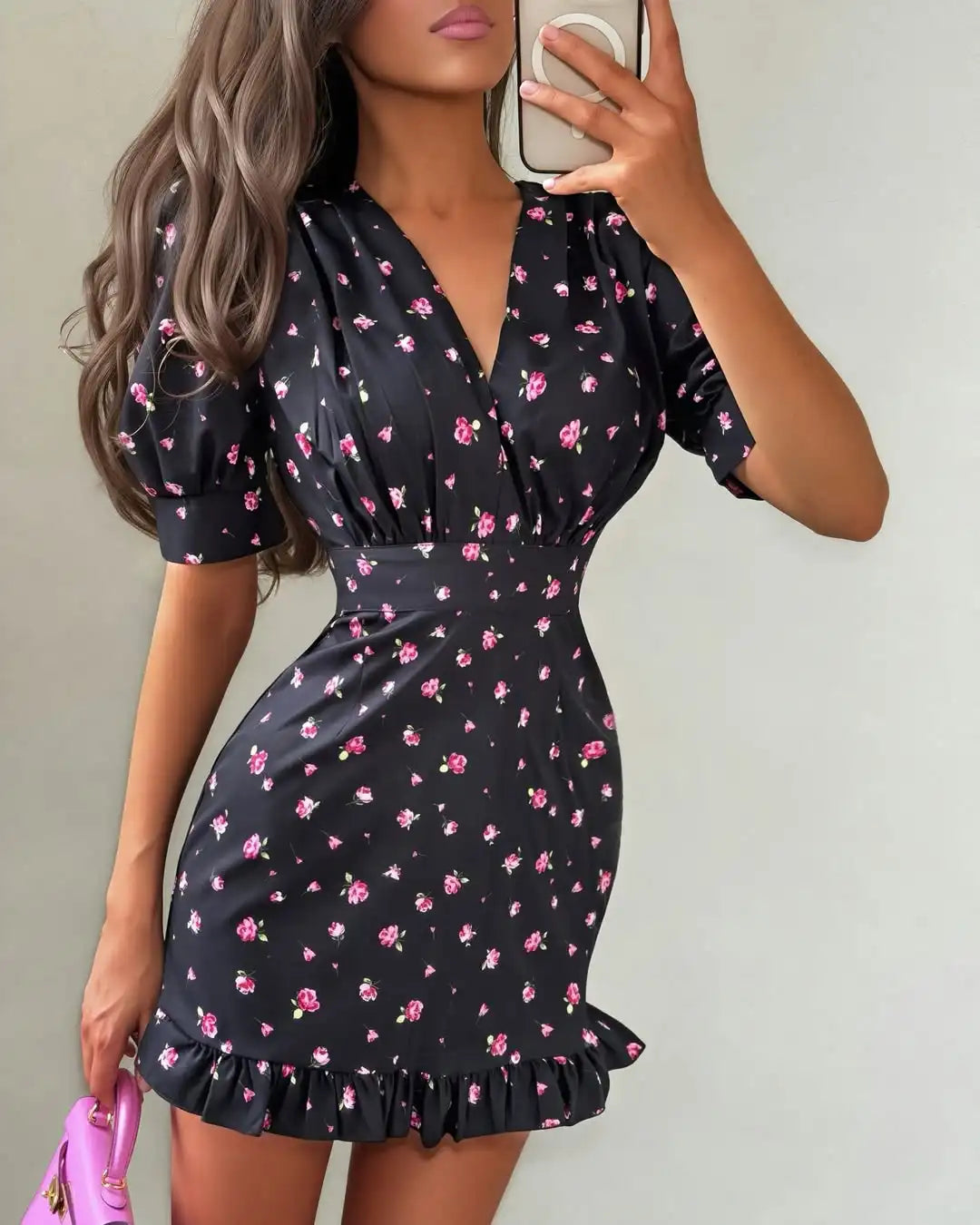 Floral dress in black with pink flowers, perfect for summer outings
