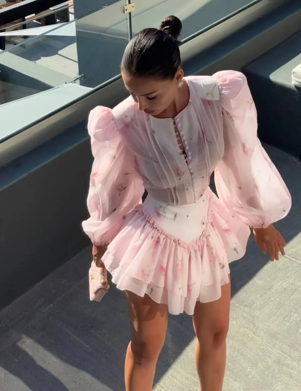 Women's pink floral dress dress with poofy sleeves for summer outings