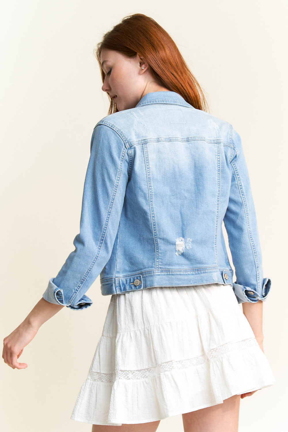 women's light blue denim jacket for spring styling