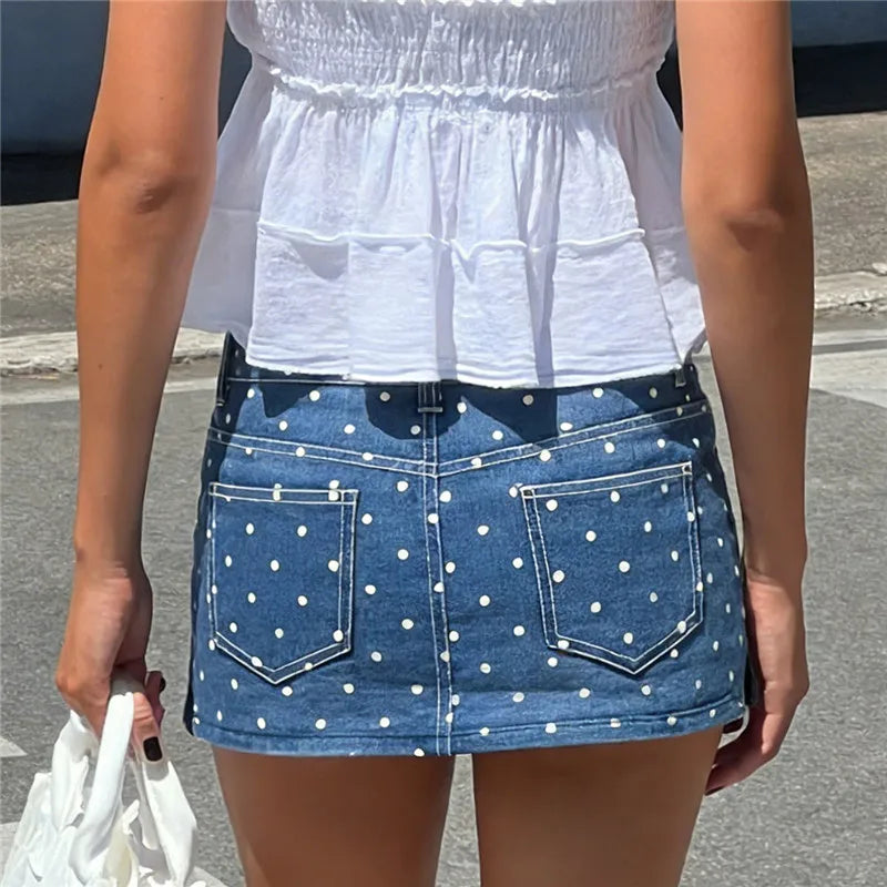 Women's jean denim skirt with polka dots, perfect for casual outings