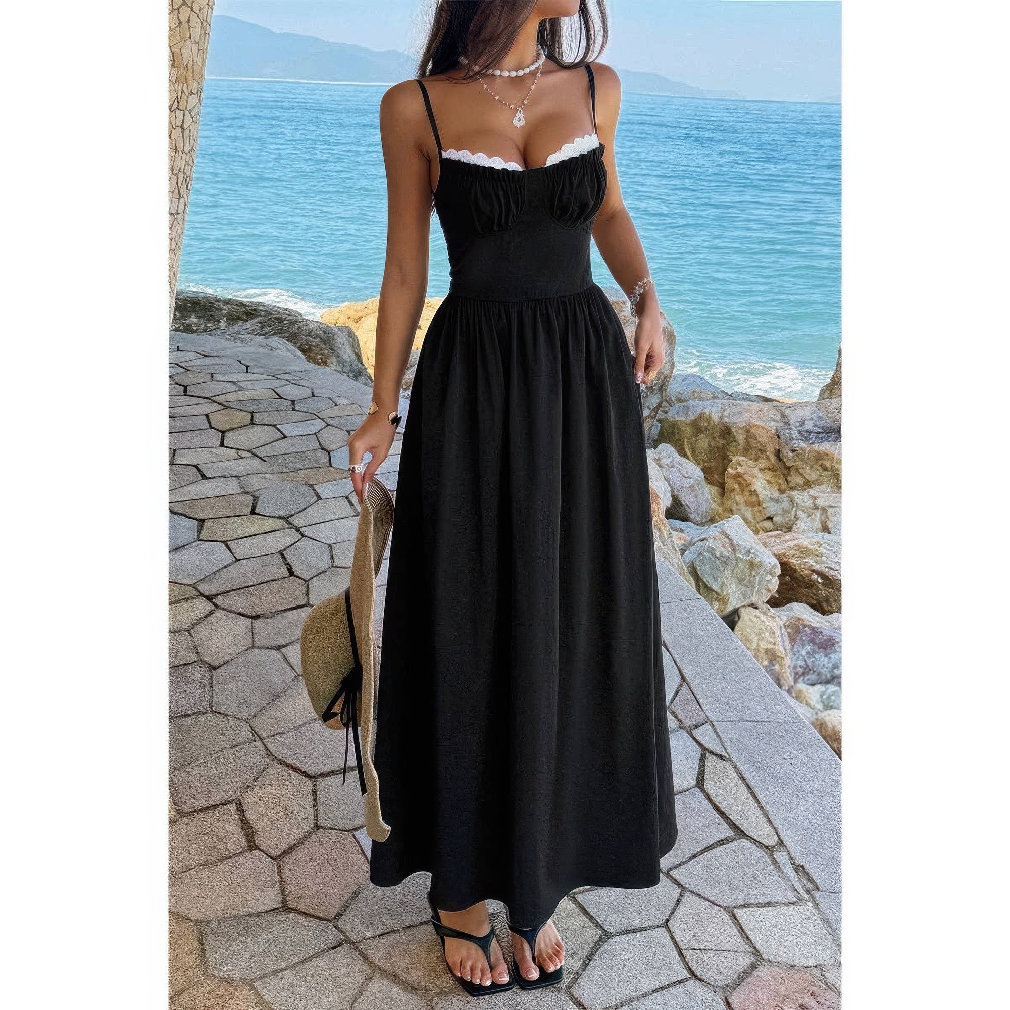 Women’s black lace frock dress, perfect for beach outings and summer events