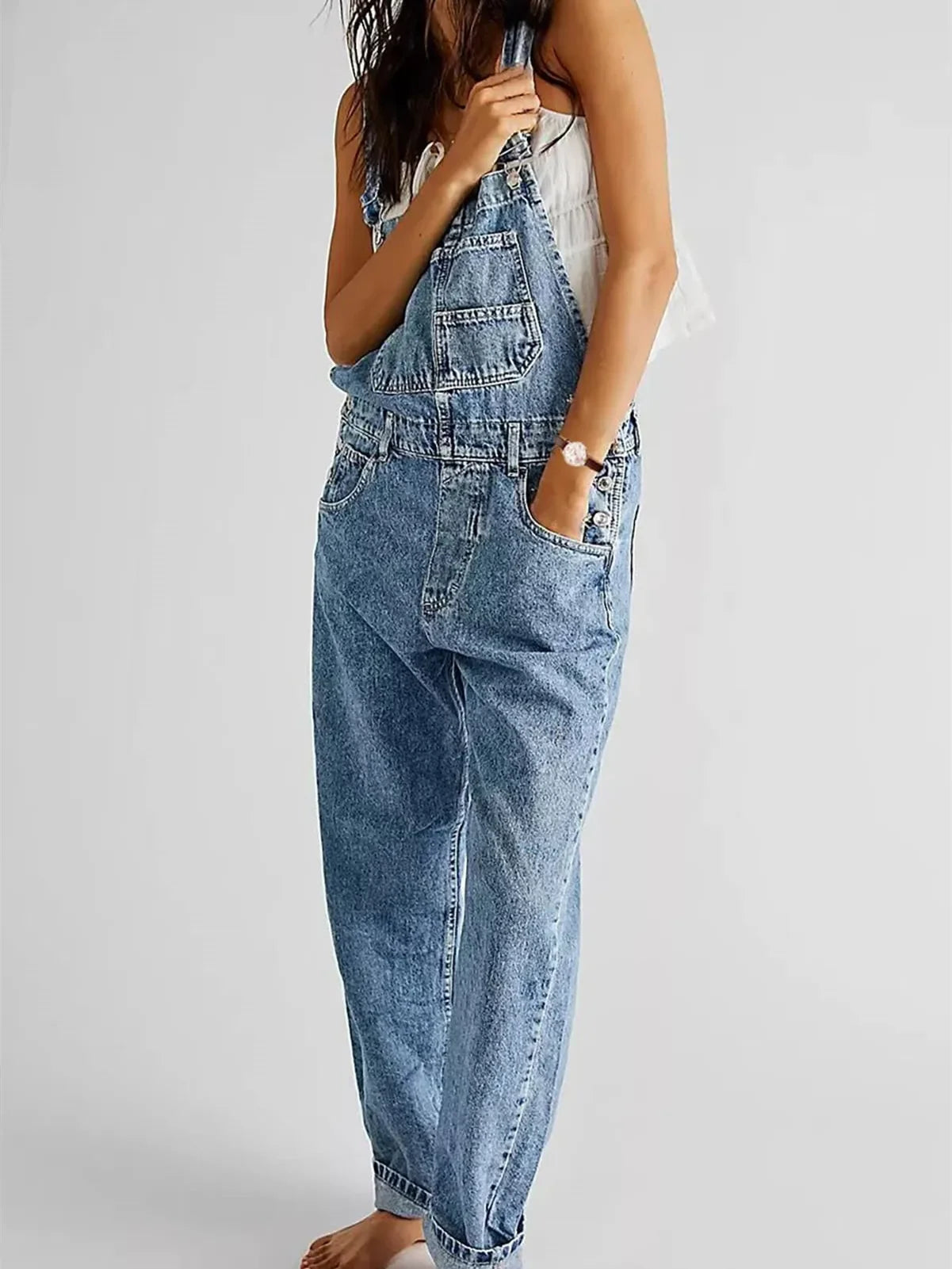 Ladies overalls denim in light blue, perfect for casual summer outings