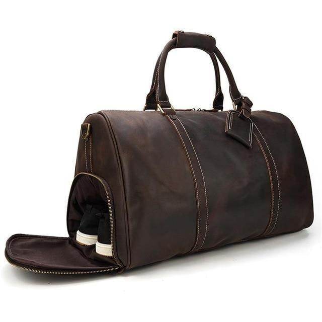 Large leather travel bag by VacationGrabs with a separate compartment for shoes and sturdy handles