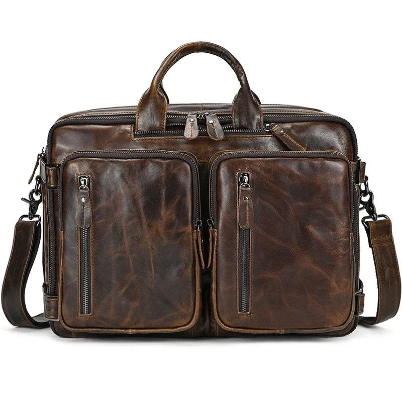 Brown leather backpack backpack for work and travel with multiple pockets