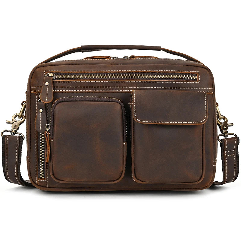 Brown leather crossbody mini bag with multiple zippered pockets