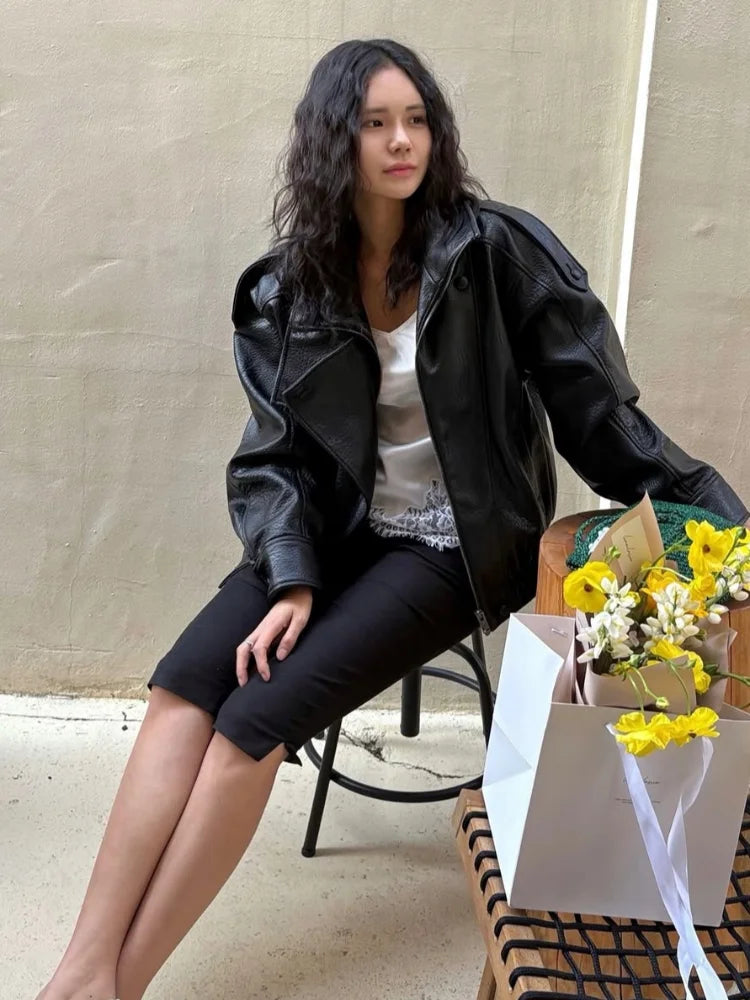 Women's black leather jacket biker for stylish casual wear