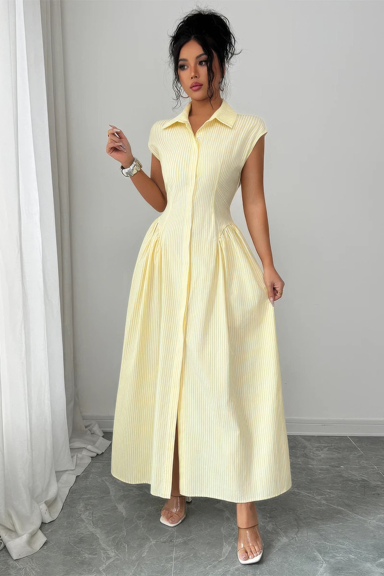 Women's yellow long dress and long sleeve, perfect for summer outings