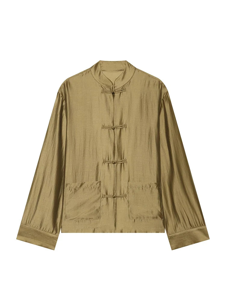 VacationGrabs olive silk shirt with mandarin collar for casual outings
