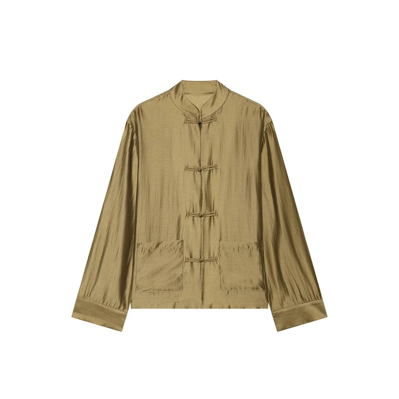 Men's khaki mandarin collar shirt, lightweight fabric for casual wear