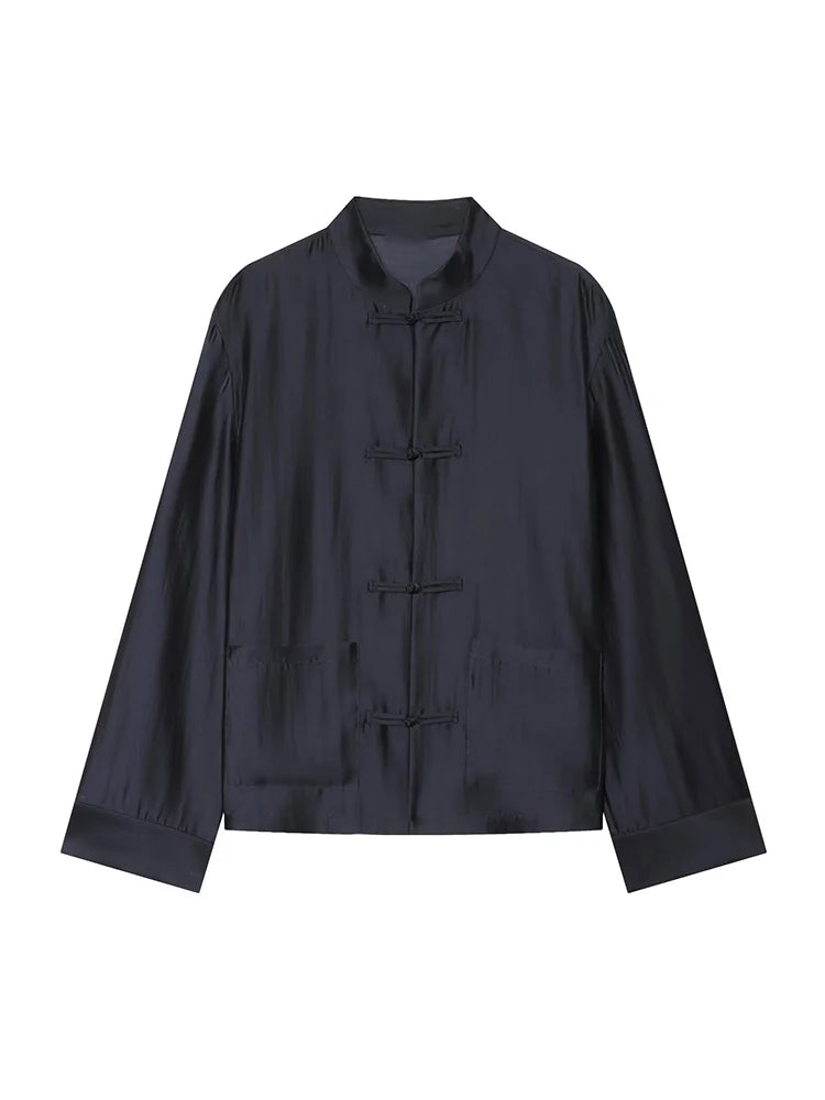 Men's navy satin jacket with mandarin collar for casual wear