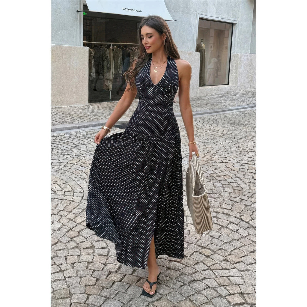 Women's black polka dot maxi dress, perfect for summer outings