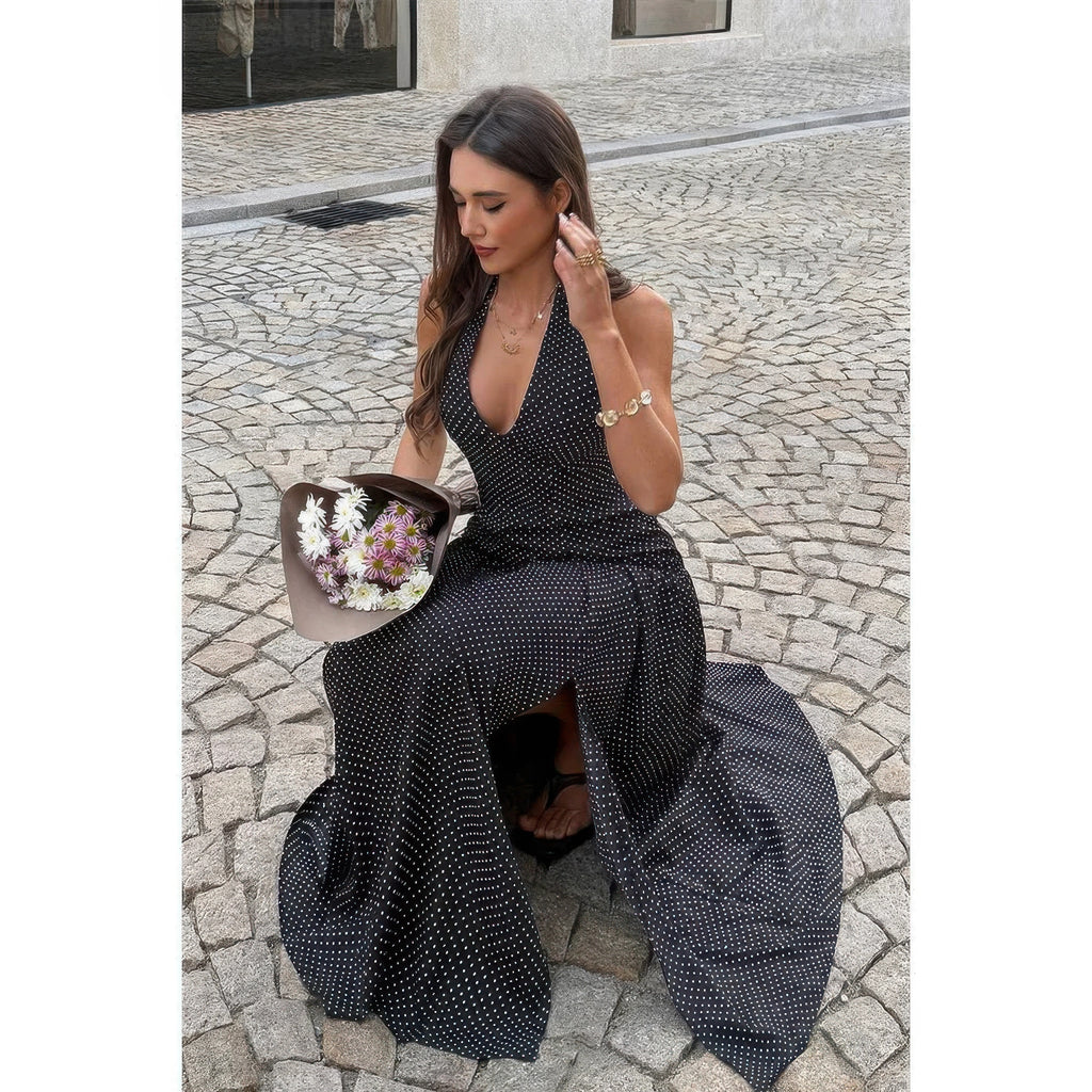 Women's black polka dot halter neck maxi dress for summer outings