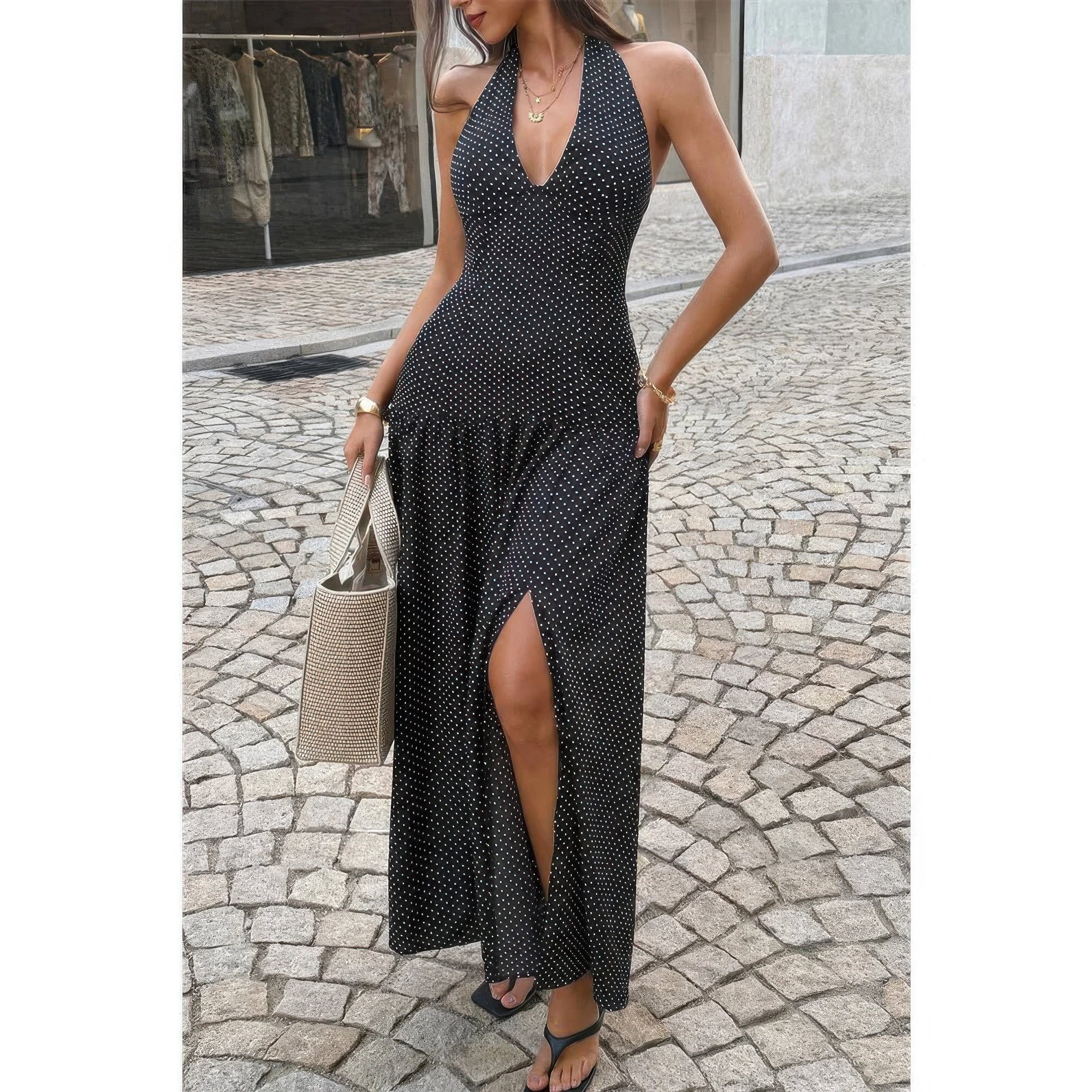 Women's black halter neck and maxi dress, perfect for summer outings