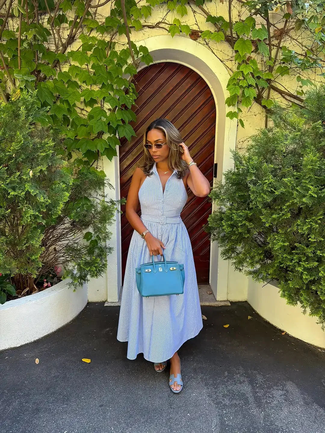 Women's blue striped cotton and maxi dress for summer events
