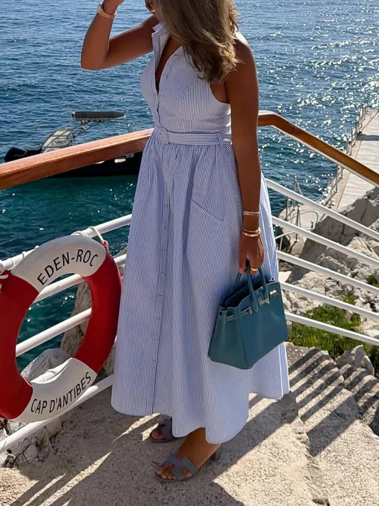 Women's blue and white striped shirt dress and maxi dress for summer outings