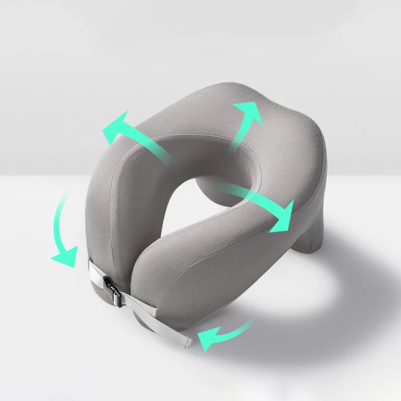 Gray memory foam travel pillow with adjustable neck support for comfortable journeys