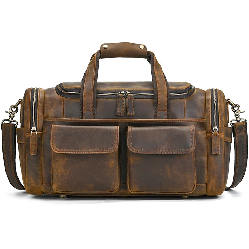 Men's duffle bag in brown leather, perfect for travel and gym use