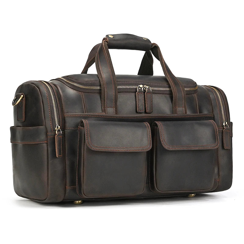 Men's duffle bag in dark brown leather for travel and gym use