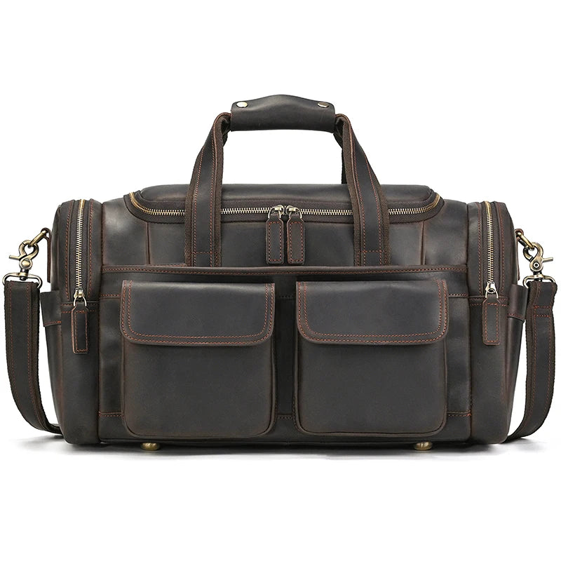 Men's duffle bag, brown leather, ideal for travel and gym
