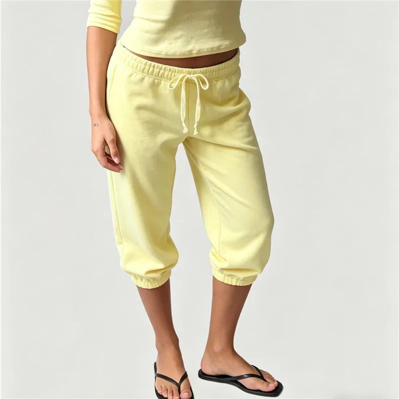Women's yellow cotton pants, perfect for casual use, resembling men's low waist pants