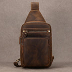 Mens sling shoulder bag made of brown leather, perfect for casual outings