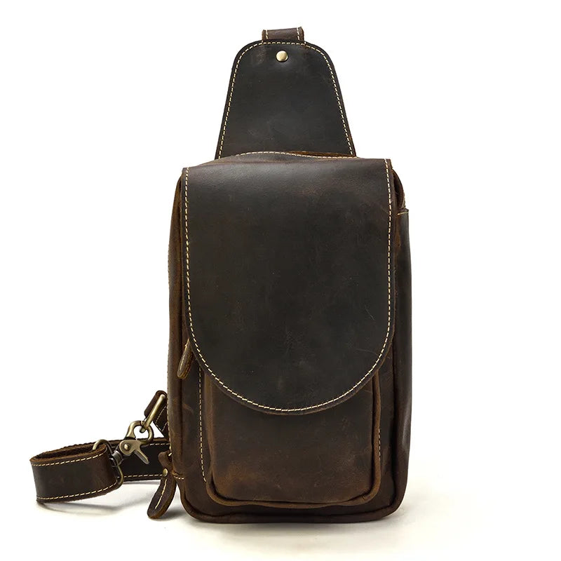 Mens sling shoulder bag made of brown leather for daily use
