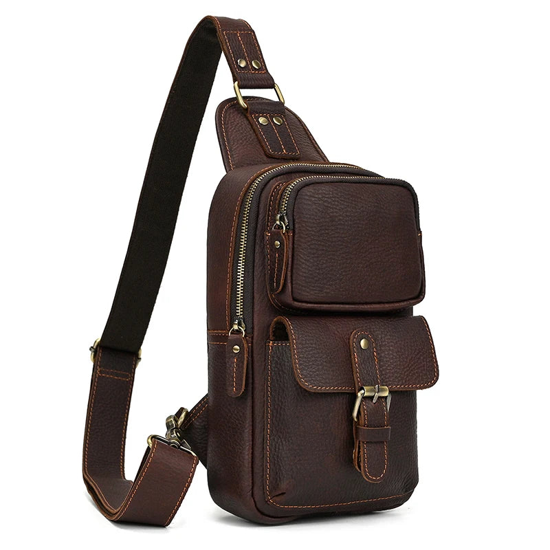 Brown leather mens sling shoulder bag for casual outings