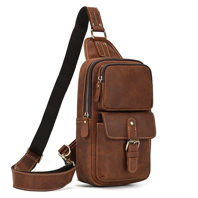 Mens sling shoulder bag in brown leather, perfect for casual outings