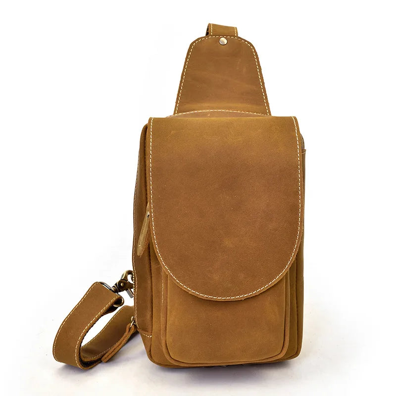 Men's tan leather sling shoulder bag, perfect for daily use