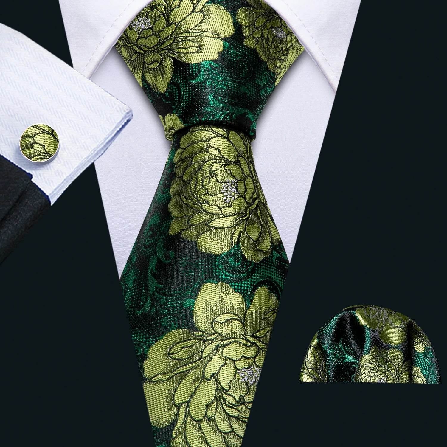 Green floral silk mens ties set with matching pocket square