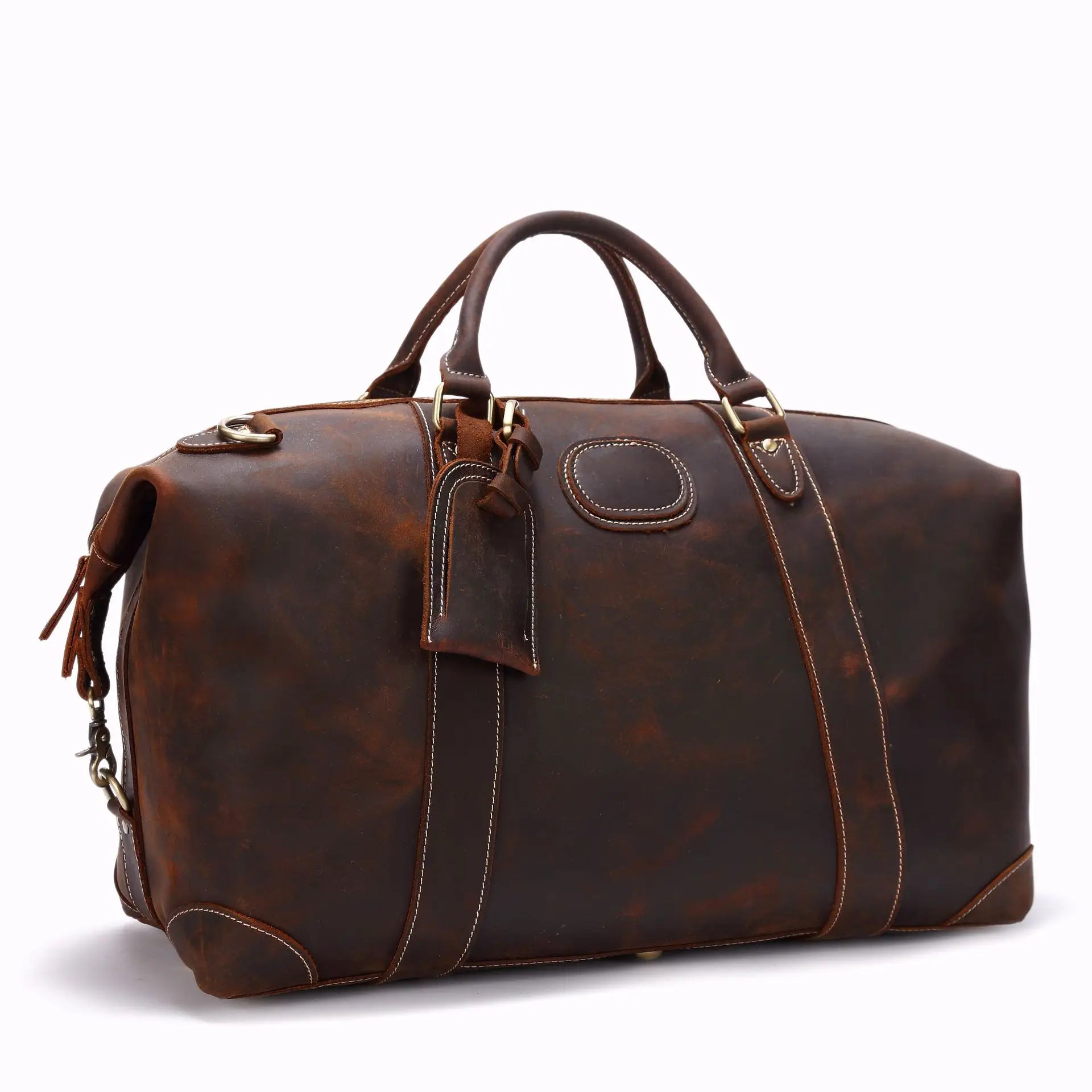 Men's brown leather travel bag for mens with spacious interior for trips