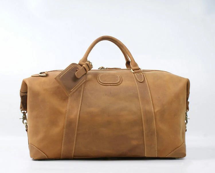Tan leather travel bag for mens, perfect for weekend trips