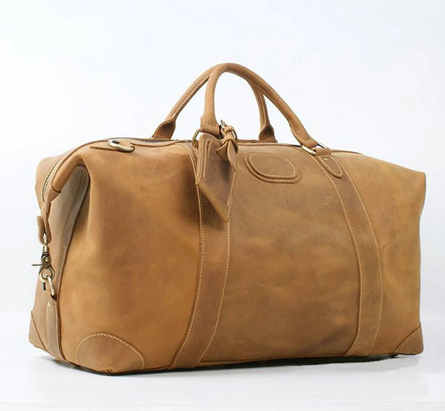 Tan leather travel bag for mens, perfect for weekend getaways