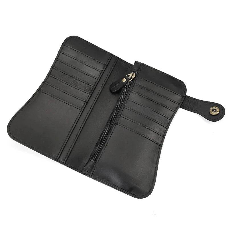 black leather men's wallet with card slots and zipper closure