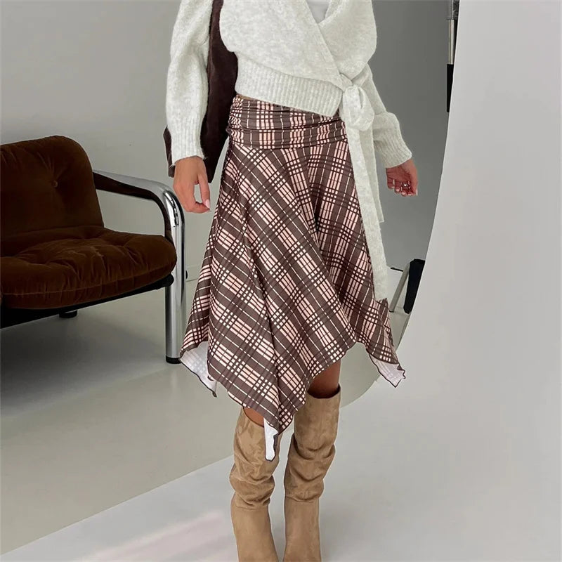 Women's plaid midi skirt in brown, perfect for casual outings