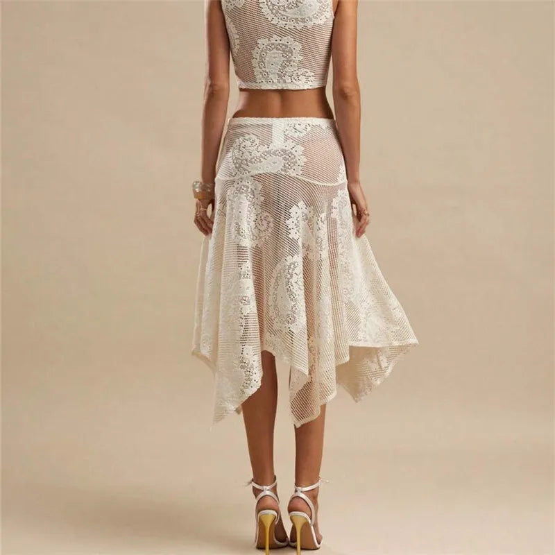 Women's lace midi skirt, cream color, perfect for beach outings