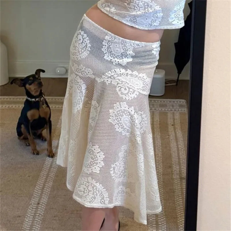 Women's white lace midi skirt, perfect for summer outings