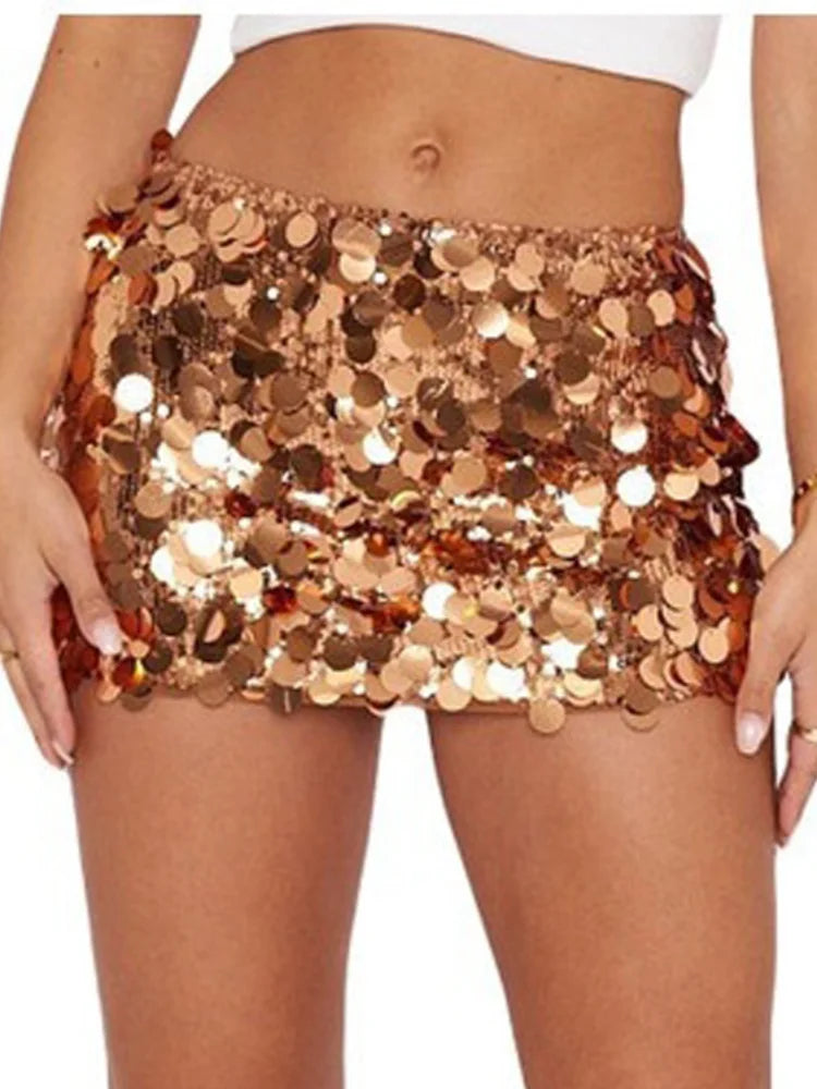 Shiny copper mini skirt, sequin material for party wear