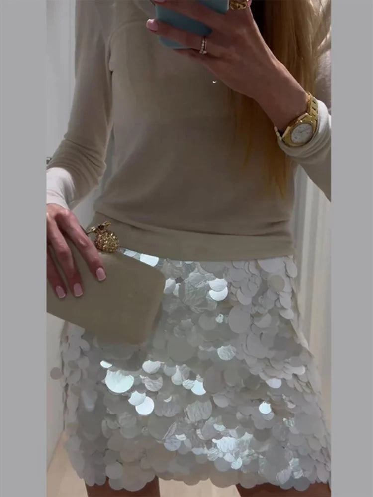Women's sequined mini skirt, white, perfect for evening events