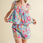 Women's floral pajama set in blue, lightweight for lounging