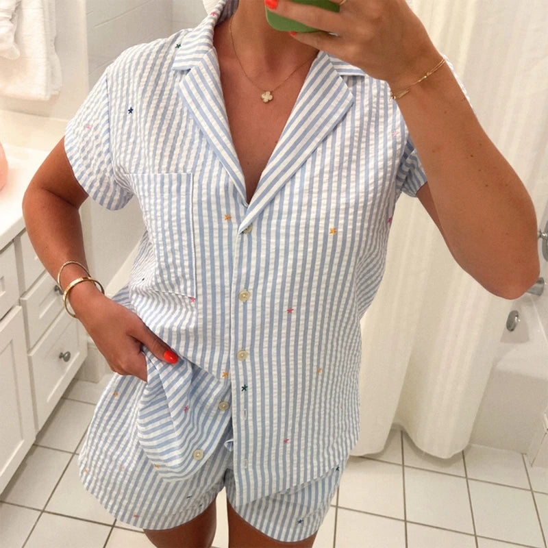 Women's blue striped pajama set, soft cotton for comfortable lounging