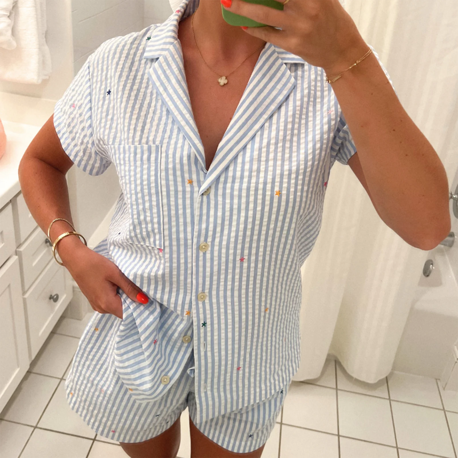 Women's blue striped pajama set, comfortable cotton for lounging
