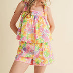 Women's floral pajama set in pastel colors for comfortable lounging
