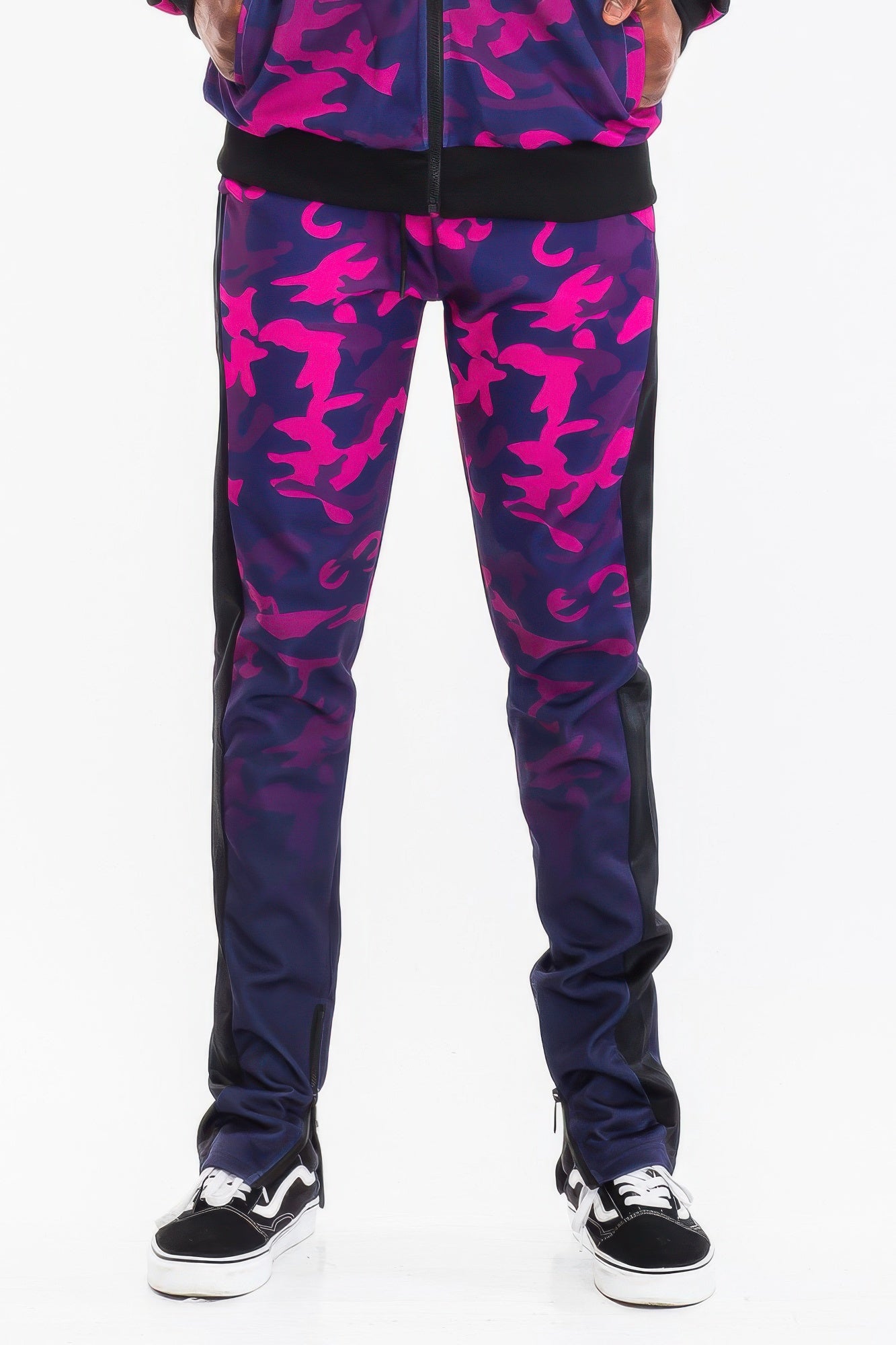 Camo pants in purple and black for casual streetwear style