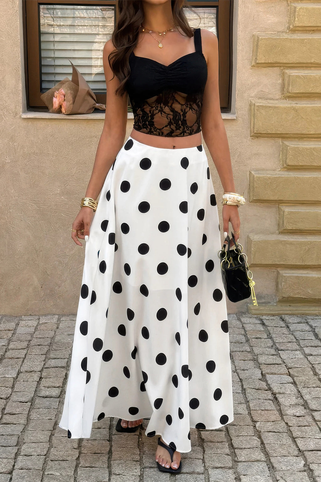 Women's black lace crop top with white polka dot dots maxi skirt for summer outings