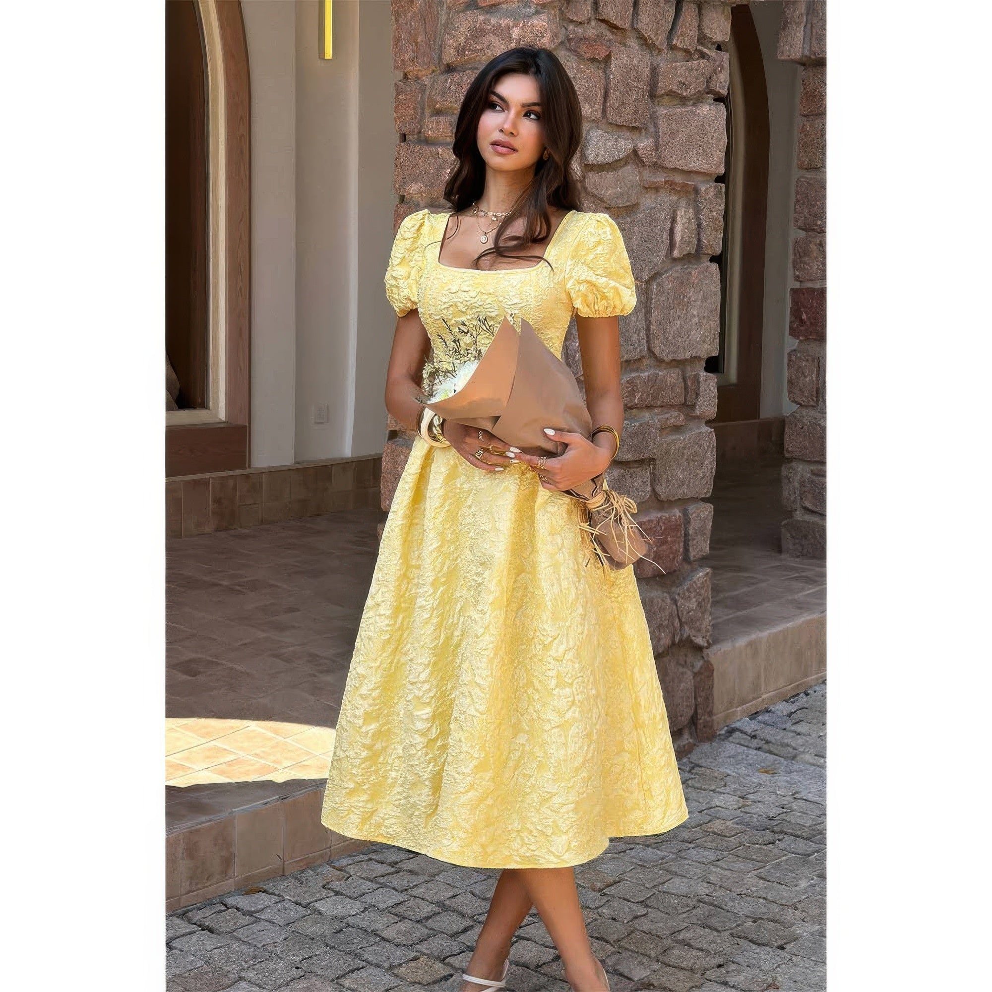 Women's yellow puff sleeve dress, floral pattern, perfect for summer events