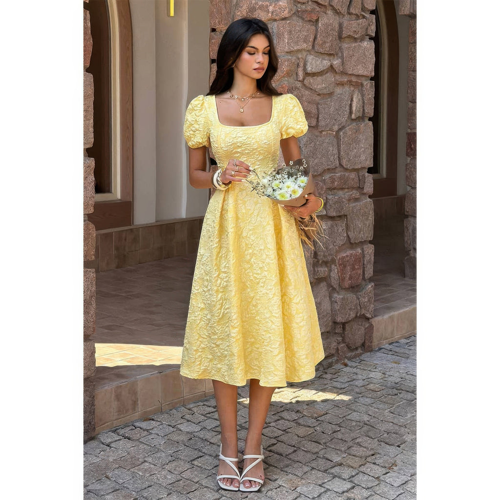Yellow puff sleeve dress in floral lace, perfect for summer parties