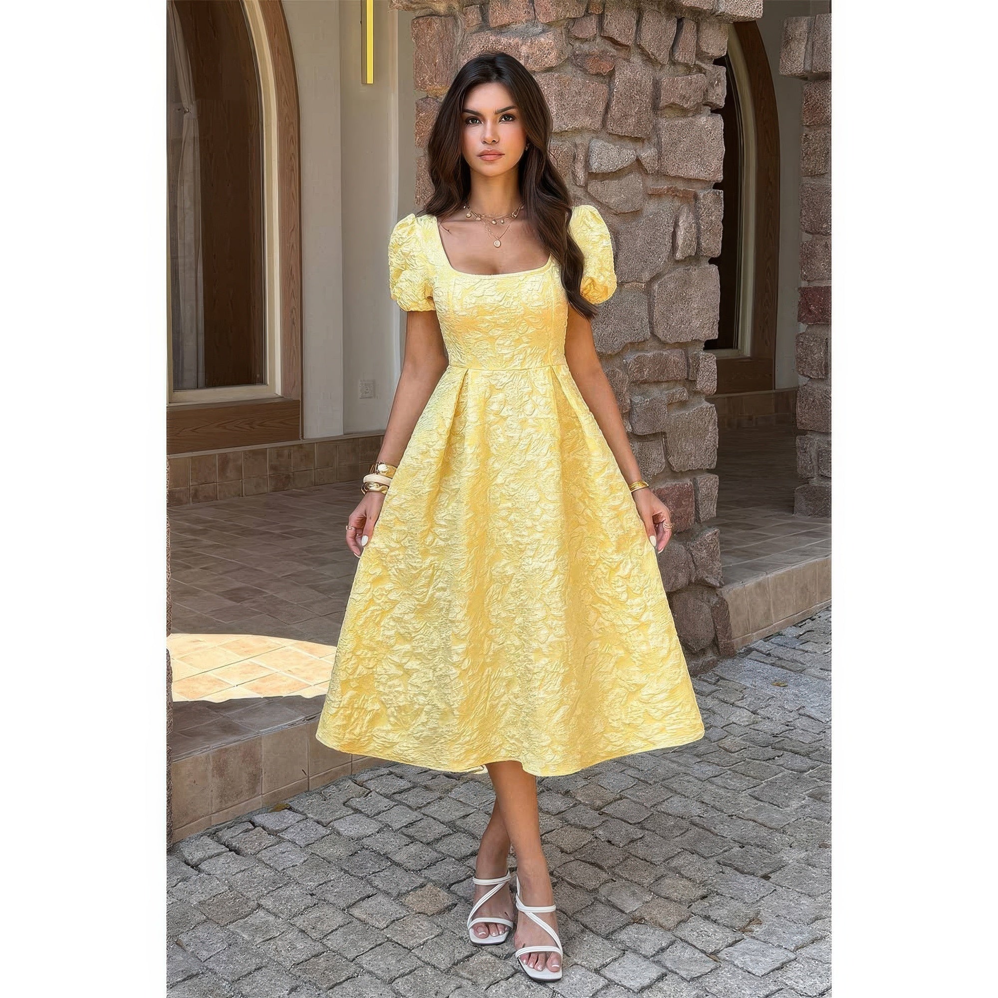 Yellow puff sleeve dress, floral fabric, perfect for summer occasions