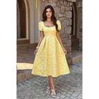 Women's yellow puff sleeve dress, lightweight satin, perfect for summer events